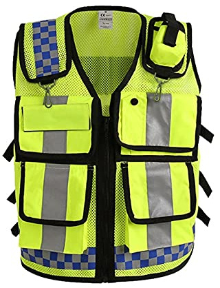 Gilet da lavoro Gilet da traffico della polizia in rete gialla riflettente, gilet ad alta visibilità con tasche e cerniera per lavoratori all'aperto, lavoro sul traffico e corsa Gilet di sicurezza