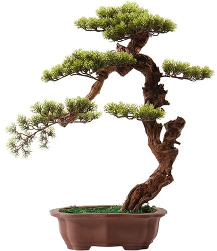 HSHTTKL Massivholz-Wurzelschnitzerei, künstlicher Bonsai-Baum, kreativer simulierter Kiefernbaum mit Keramiktopf und Moos-Kunstbaum für das Heimbüro