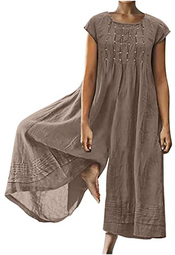 EMATOP Playsuit Damen Baumwolle Leinen Jumpsuit Kurzarm Rundhals Overall Lang Sommer Hosenanzug Elegant Einfarbig Latzhose Casual Lose Breites Hosenbein Arbeitshose mit Taschen Onesie Frauen