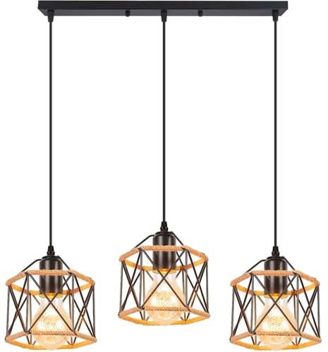 PETITES ECREVISSES Lampara Techo Colgante 3 luces Retro Industrial Luz de Techo Colgante e Cuerda de Cáñamo Iluminación Colgante Vintage Industrial Lámpara para Cocina Comedor Dormitorio