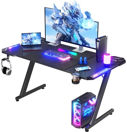 Homall Gaming Desk with LED Lights, 140 x 60cm RGB Gaming Table Z Shape, Large Computer Desk with Headphone Hook, Gamer Table for Home Office (Black)
