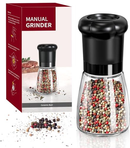 CIRCLE JOY Salt and Pepper Grinder, Manual Pepper Mills Grinder with Adjustable Ceramic Blades, Glass Body 6.35OZ Shaker for Home Kitchen BBQ, No Salt/Pepper Included