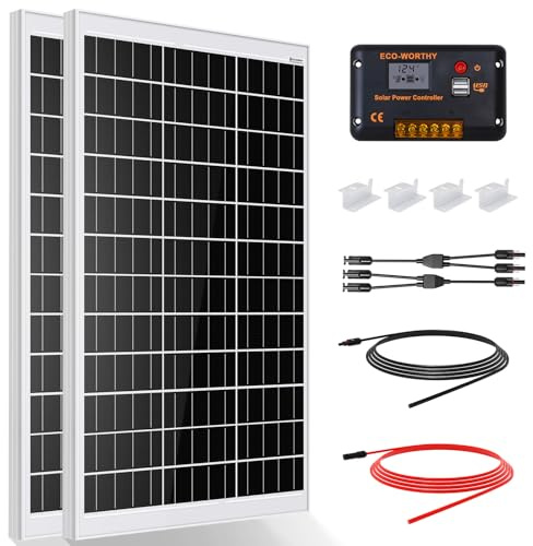 ECO-WORTHY Kit de panel solar de 240 W, 12 V, sistema de alimentación 1 kWh/día fuera de la red para autocaravana, coche, barco, camping, cobertizo: 2 paneles solares mono de 120 W + controlador de