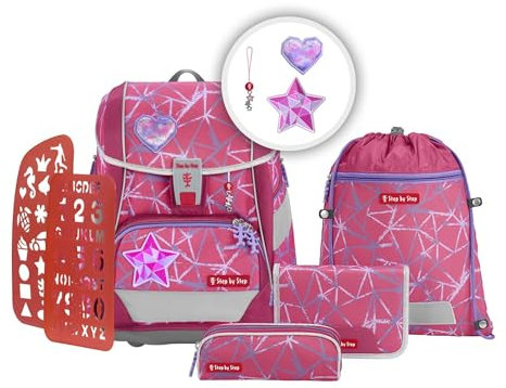 Step by Step Schulranzen-Set 2IN1 Plus „Star Stella“ 6-teilig, lila-rosa, Stern-Design, ergonomischer Tornister mit Reflektoren, höhenverstellbar mit Hüftgurt für Mädchen ab der 1. Klasse, 19L