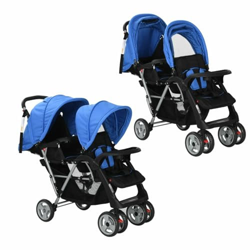 Gecheer Tandem-Kinderwagen, Geschwisterwagen Zwillingswagen Zusammenklappbar Stahl Blau und Schwarz, für Zwillinge und Geschwister