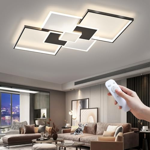 LSYPY LED Deckenleuchte Wohnzimmer, Deckenlampe Dimmbar Schlafzimmerlampe Gold mit Fernbedienung Modern Wohnzimmerlampe für Schlafzimmer Esszimmer Küche Flur Kinderzimmer (Schwarz + Weiß, L90CM)