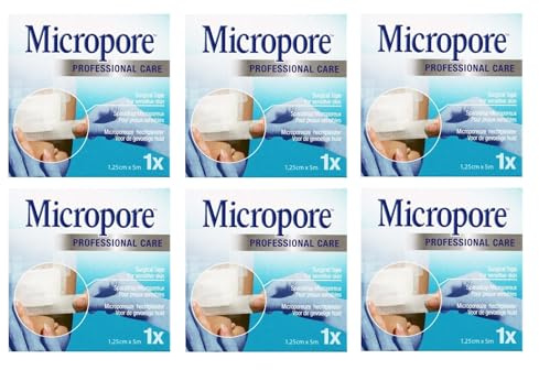 Micropore Surgical Tape for Sensitive Skin, Hypoallergenic Medical Tape - 1.25cm x 5m (6 Rolls) - Professional Care Adhesive Tape for Wound Care, Eyelash Extensions, Lash Laminating & First Aid