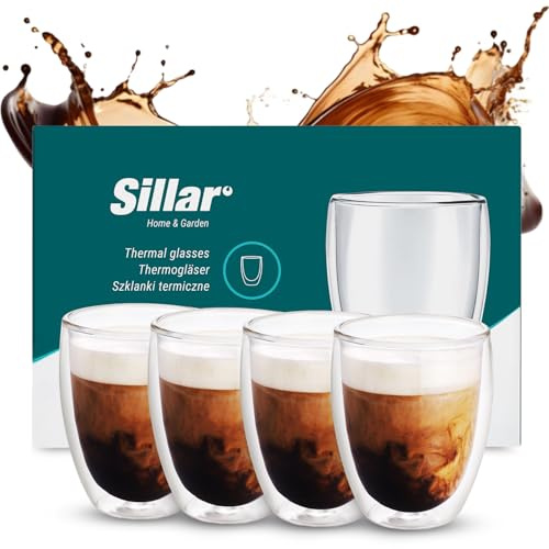 Sillar Lot de 4 verres à café à double paroi de 350 ml transparents résistants à la chaleur