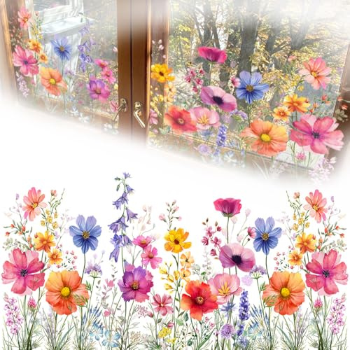 SSyang fönsterfilm blommor, vår självhäftande blomsteräng färgglad, fönsterbilder för vardagsrum och kök