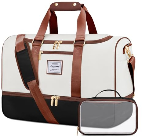 LOVEVOOK Resväska dam, weekender Travel Duffle Carry On Bag med toalettväska, skofack och våtfack, vattentät sportväska gym yoga väska, handbagage, väska för sport semester flygplan, beige-svart-brun