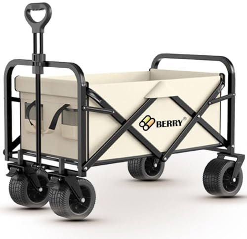 Berry 150L Festival Trolley on Wheels - Beige | Folding Camping Wagon Trolley with Wheels | 330lbs Heavy Duty Collapsible Utility Cart for Beach, Festivals, Garden, Picnic, Shopping, Fishing, Camping