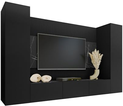 Mirjan24 Wohnwand Deromi V, 4-teilig (Schwarz + Schwarz Marmor) | Symmetrische Wohnwand mit 2 Hängeschränken, TV-Lowboard, TV-Paneel, Push-to-open-System und 10 Innenfächern