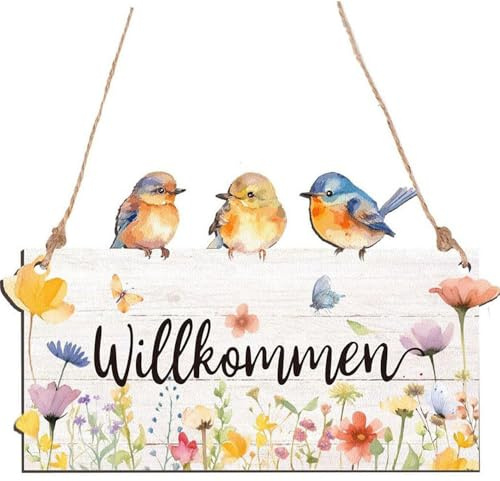 XFSRG Willkommen Türschild Haustür aus Holz mit Vogelund Blumenmotiv für Home Deko Gartenschilder für Draußen Lustige Schilder für Frühling(Bunt, Vogel)