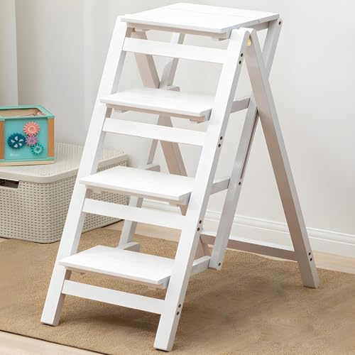 Generico Sgabello Pieghevole in Legno, Sgabello Multifunzionale, Legno Massello con Portata di 100 kg, Design con Pedale Largo Antiscivolo, Sgabello Portaoggetti per La Casa (4 Layers)