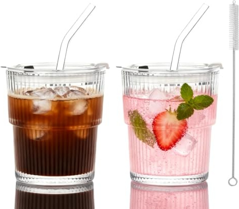 Siocok 2 Pack-380ml Glass Tumbler with Lid and Straw, Ribbed Glass Cups | Leakproof Glass Cups, Iced Coffee Cup, for Iced Coffee, Cocktail, Tea, Smoothie, Iced Latte, Matcha,Cold Drinks(380ml-2Pack)