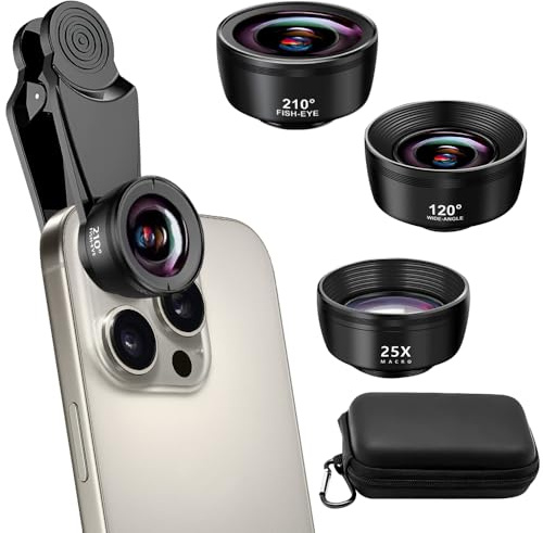 Nzkeuf Obiettivo per Smartphone 3 in 1, Lente per Smartphone, Obiettivo fish-eye 210°, Grandangolo di 120°, Obiettivo Macro 25x, Telefono Cellulare Universale per la Maggior Parte degli Smartphone