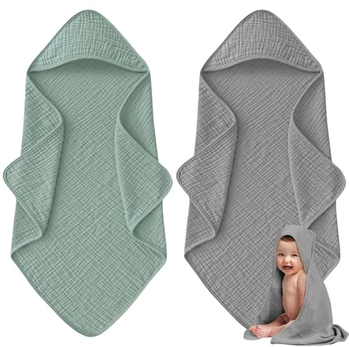 GBKDQQ 2 Pack Baby Handtuch Kapuze, 90X90cm Kapuzenhandtuch Baby，Super Saugfähig Kleinkinder Badetücher, Baby Badetuch Set, Decke Und Badetuch Neugeborene MäDchen & Jungen, Grün & Grau