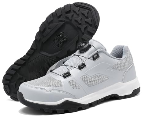 JiuQing Mountain Bike Shoes Flat Indoor Cycling Shoes for Men Compatible with SPD Cleats for Walking,Grey,10 UK