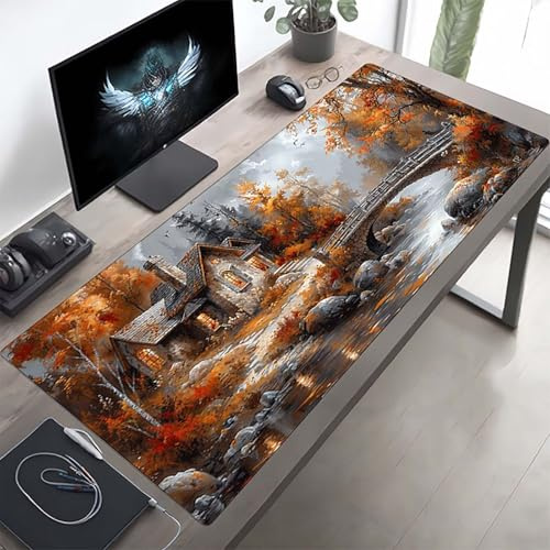 Gaming Mauspad 1600x800x3mm Gaming Mousepad XXL Haus Gelb Mauspad Schreibtischauflage, Genähte Kanten Mausmat, rutschfeste Gummibasis, Schreibtisch Schutz für Home Büro, Geschenke PjY10720 9-G