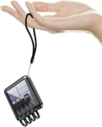 Kleine Solar Portable Externe Akkus Handyakkus 15000mAh Compact Power Bank mit eingebauten 4-Kabeln, Taschenlampe,Charger Schnellladung Mini Batterie Portable Ladegerät für iPhone Samsung, Huawei et