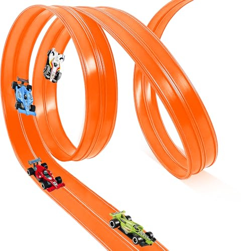 BUERPINKING Hot Wheels järnväg 4,5 m, bilbana med 4 bilar, hotwheels tågleksaker, Carrera tåg, barn rullar, bärbar, dubbel racerbana för hot wheels tåg, 1/64 bilar för ålder 3+ (orange)