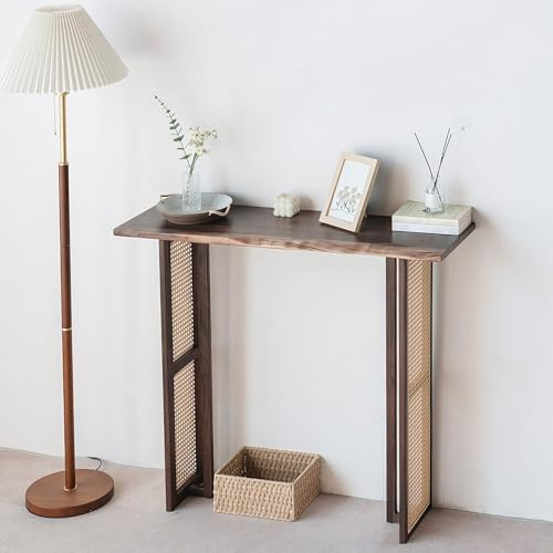 KLWQR Consola Recibidor de Madera Maciza de Nogal, Recibidores de Entrada Estrecha, Patas en Forma de T y Diseño de Ratán para Sala de Estar, Pasillo, Sofá y Espacios Pequeños