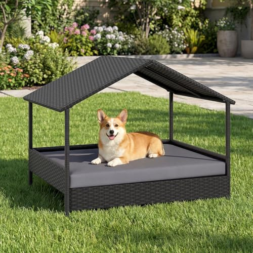 COSTWAY Hundeliege Outdoor, erhöhtes Hundebett aus Rattan mit abnehmbares Kissen & Dachschutz, Haustierbett wetterfest für kleine und mittelgroße Hunde bis 60 kg, 98 x 69 x 74 cm (Grau)