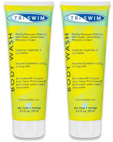 TRISWIM Chlorine Removal After Swim Body Wash | Removes Chlorine, Salt, and Hard Water Minerals | Hydrates and Restores Swimmer's Skin | With Aloe Vera and Botanicals | Lime&Mango, 251 ml (Pack of 2)
