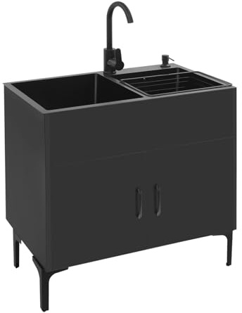 Freistehender Spültisch mit Unterschrank und Wasserhahn, Küchenspüle aus Edelstahl mit 2 Becken, Abflusskorb, Seifenspender, Waschbecken für Küche, Garten, Outdoorküche (Schwarz)