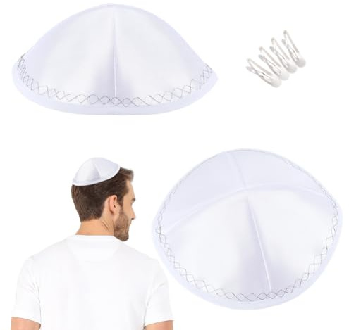 FINGERINSPIRE 2PCS Jewish Hat White Polyester Kippah with 4PCS Metal Clips Traditional Round Yarmulke for Men Jewish Head Covering with Decorative Trim for Daily Wear