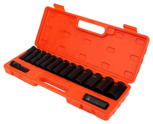 Yosoo Health Gear 15pcs Deep Impact Socket Set, 1 2 Inch Deep Impact Socket, Carbon Steel 10 32mm 6 Point with Plastic Case, for Garage Workshop Mechanics and Repair