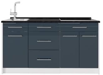 Vicco Köksblock Fame-Line, Mörkblå högblank/Vit, 150 cm utan bänkskiva, för individuell expansion med kompatibla moduler