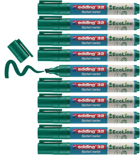 edding 32 EcoLine flipchart marker - green - box of 10 - chisel nib 1-5 mm - marker for writing, drawing on flipchart paper - does not bleed through - does not dry out - refillable