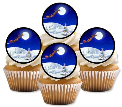 Christmas Scene, Essbare Cupcake-Topper mit Weihnachtsszene, Oblatenkarten-Dekoration „Schlittennacht“ für Weihnachtsfeiern, 24 x 4 cm große Scheiben (ungeschnitten)