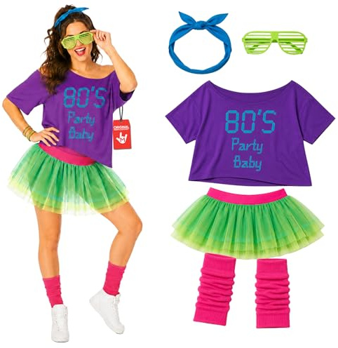 Fun Shack 80er Jahre Kostüm Damen, Neon Halloween Kostüm Damen | Neon-Tutu & Accessoires, Buntes Neon-Design, Zum Überziehen, Perfekt für Halloween, Ideal zum Verkleiden