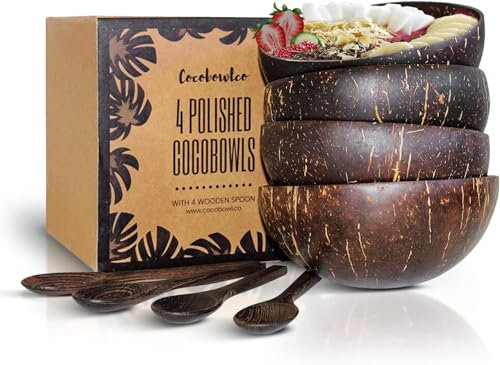 COCOBOWLCO Coconut Bowl Set with Wooden Spoons – Handcrafted Eco-Friendly Acai Bowls, Yogurt Bowls & Smoothie Bowls – Ideal for Ninja Creami, Cereal & Snacks (4, Polished)