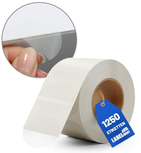 Labelident Verschlussetiketten Ø 50 mm transparent - 1.250 runde Klebepunkte auf Rolle, wasserfeste Siegel aus Folie stark klebend