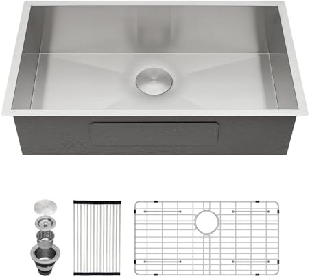 Kichae 30 Inch Undermount Kitchen Sink Single Bowl 16 Gauge Stainless Steel Under Counter Round Corner Handmade Kitchen Sink Single Basin,30x18x9 Inch