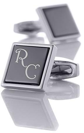 aplusashop ID Manschettenknöpfe Silber-schwarz 02 mit Gravur nach Wunsch Edelstahl Hochzeit mit Box (Mit Gravur)