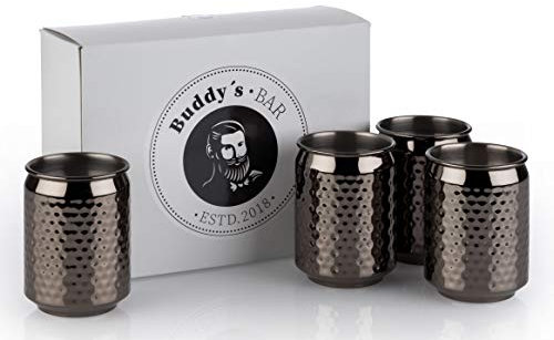 Buddy´s Bar - 4 Cocktail Can Becher, Ø 7,5 cm, H: 10,5 cm, 350 ml, Edelstahl-Becher, inkl. Geschenkbox, 4er Set, Gunmetaloptik