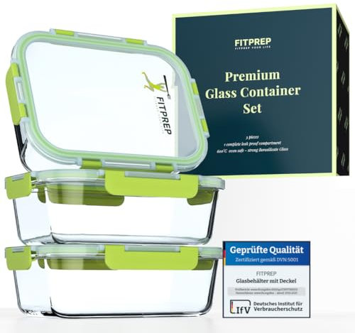FITPREP® Glasbehälter mit Deckel 6 teiliges Set [3 Vorratsdosen + 3 Abdeckungen] Premium Vorratsdosen mit Deckel luftdicht für Meal Prep, 880ml, Meal prep boxen, Lunchbox, nachhaltig & vielseitig.