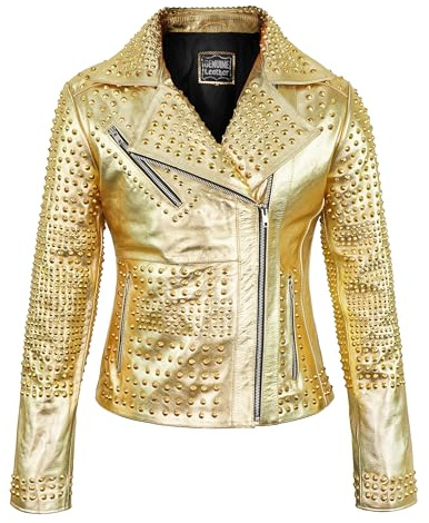 LP-FACON Womens Studded Rock Punk Spikes Motorcycle Metallic Gold Brando Biker Leather Jacket