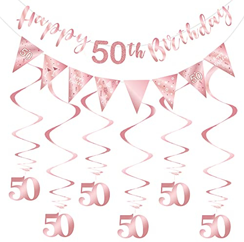 Roségold 50. Geburtstagsdekoration für Mädchen, Happy 50. Geburtstag Banner Bunting Swirls, Triangle Flag Banner für 50 Geburtstagsfeier Dekorationen Zubehör