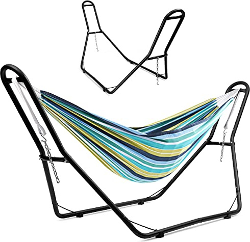 RELAX4LIFE Hängemattengestell Freistehend, Hängemattenständer mit S-förmigem Haken & Kette, stabiles Eisengestell für Drinnen und Draußen, Metallgestell für Hängematten, bis 150 kg belastbar, schwarz