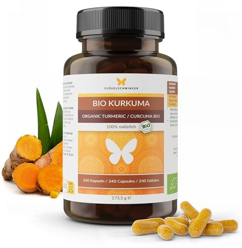 240 capsules de curcuma BIO, haute dose, qualité bio certifiée, sans additifs, sans pipérine, sans poivre, curcuma, cru, végan