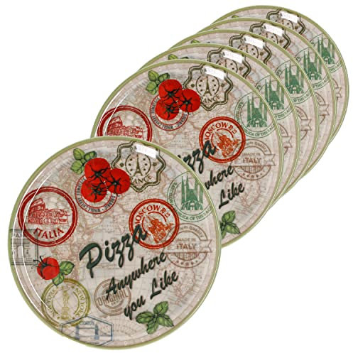 MamboCat Lot de 6 assiettes à pizza Moscou vertes I Ø 31,5 cm – Grande I 6 personnes I Assiettes avec motifs et inscription I Décorées I Pour pizzas ou pour présenter I Porcelaine I Plat de service