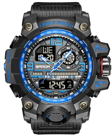 KXAITO Men's Watches Sports Outdoor Waterproof Military Watch Date Multi Function Tactics LED Face Alarm Stopwatch for Men (3133_Blue)