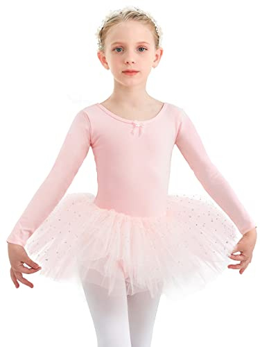 Gorchnc Ballet Leotards for Girls Toddler Long Sleeve Dance Leotard with Tutu Skirt Pink Dance Outfit Glitter Ballet Dress