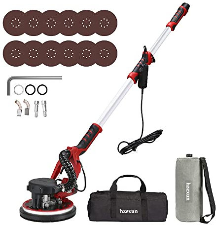 hzexun Trockenbauschleifer, Deckenschleifer 1390W, 2800 1/min max,Teleskop Langhalsschleifer mit Selbstreinigungsfunktion,12PCS Schleifpapier LED Licht,Tragetasche
