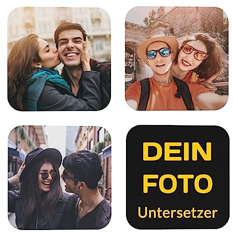 Personalisierte Foto-Untersetzer aus PVC-Leder, Bierdeckel mit eigenem Bild und Text, Abwaschbare Getränkeuntersetzer Selbst Gestalten, Geschenk für Geburtstag Hochzeit Familie (Quadratisch, 4er Set)